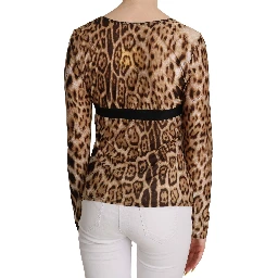 Brown Round Neck Leopard Women Top Blouse