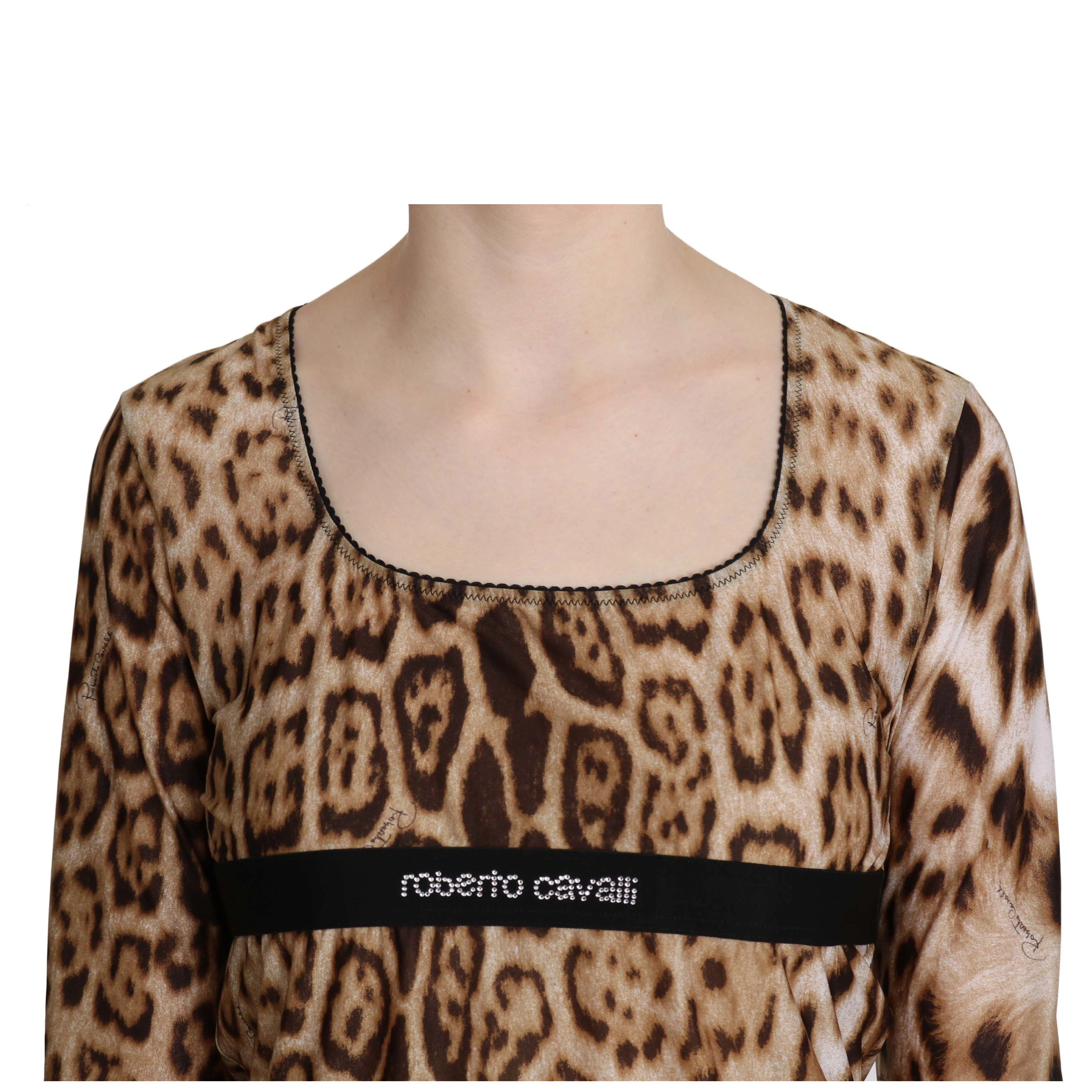 Brown Round Neck Leopard Women Top Blouse