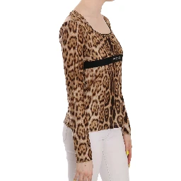 Brown Round Neck Leopard Women Top Blouse