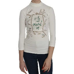 White Printed Turtle Neck 3/4 Sleeve Top Cotton Blouse