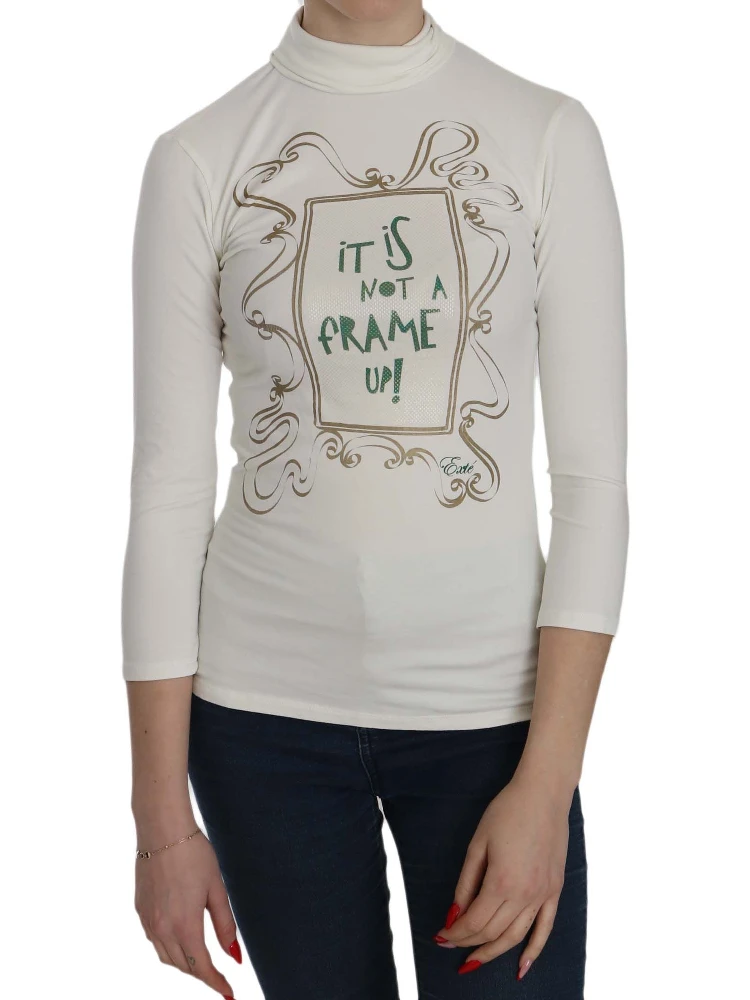 White Printed Turtle Neck 3/4 Sleeve Top Cotton Blouse