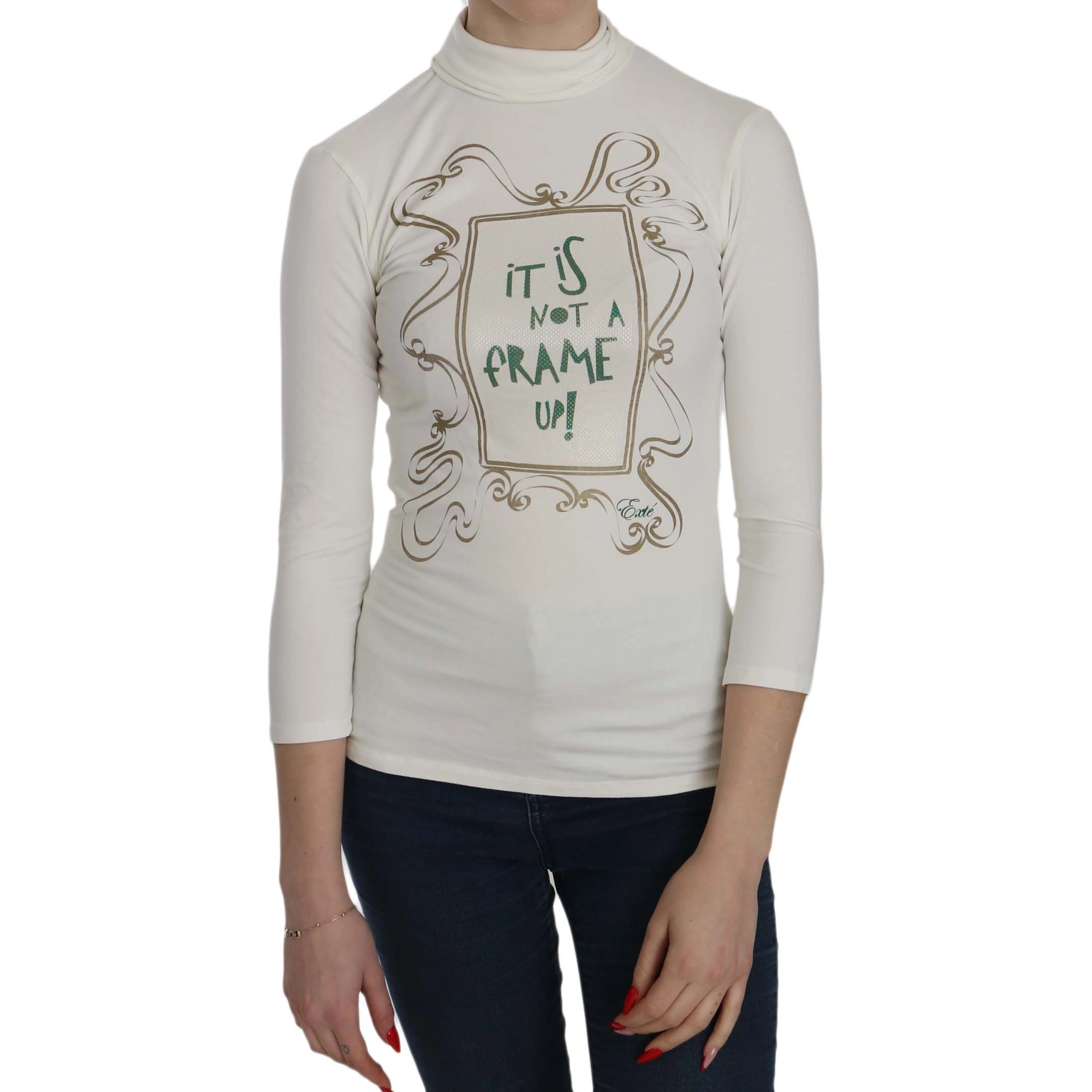 White Printed Turtle Neck 3/4 Sleeve Top Cotton Blouse