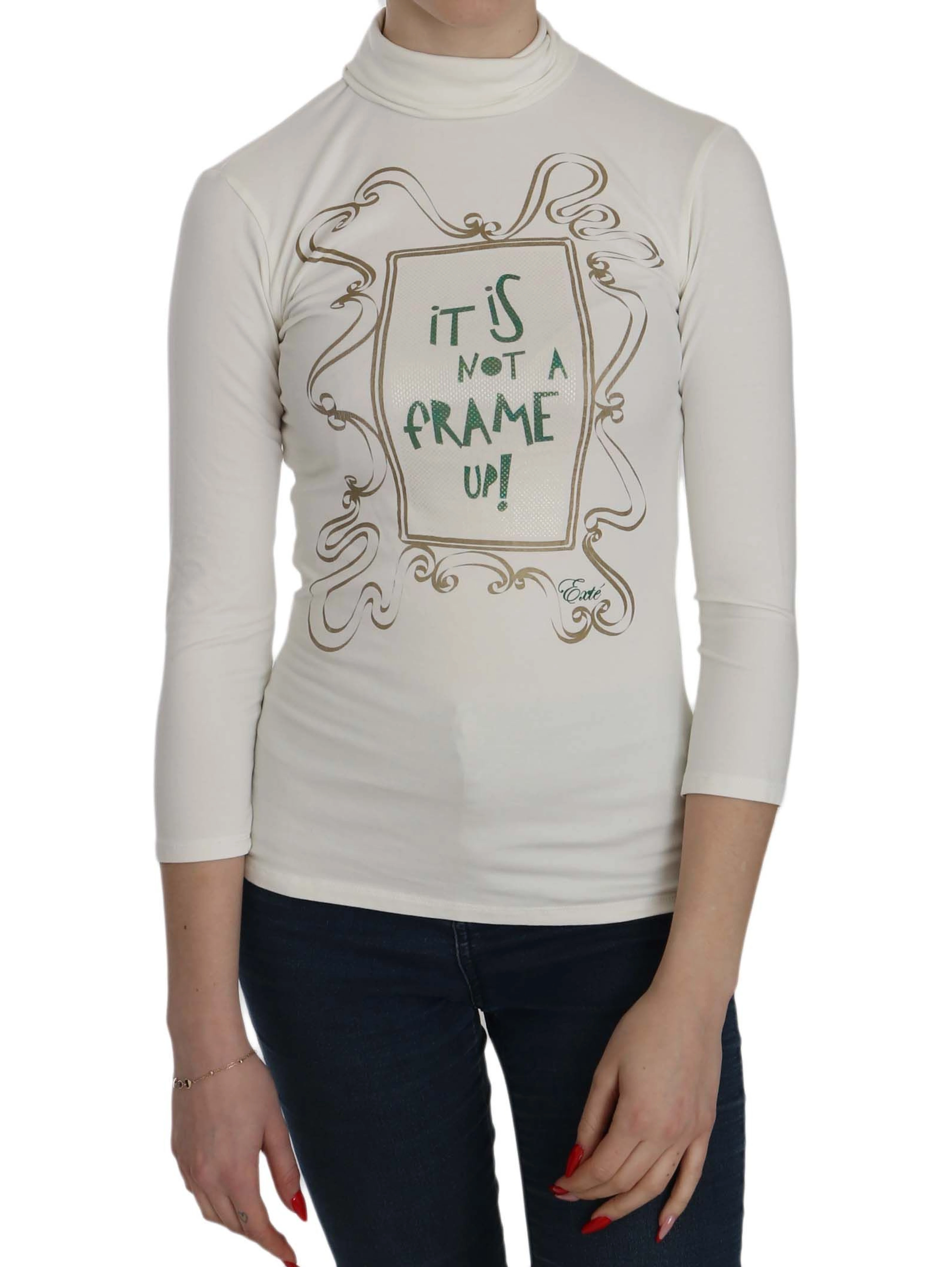 White Printed Turtle Neck 3/4 Sleeve Top Cotton Blouse