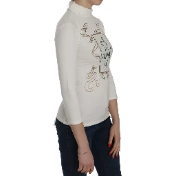 White Printed Turtle Neck 3/4 Sleeve Top Cotton Blouse
