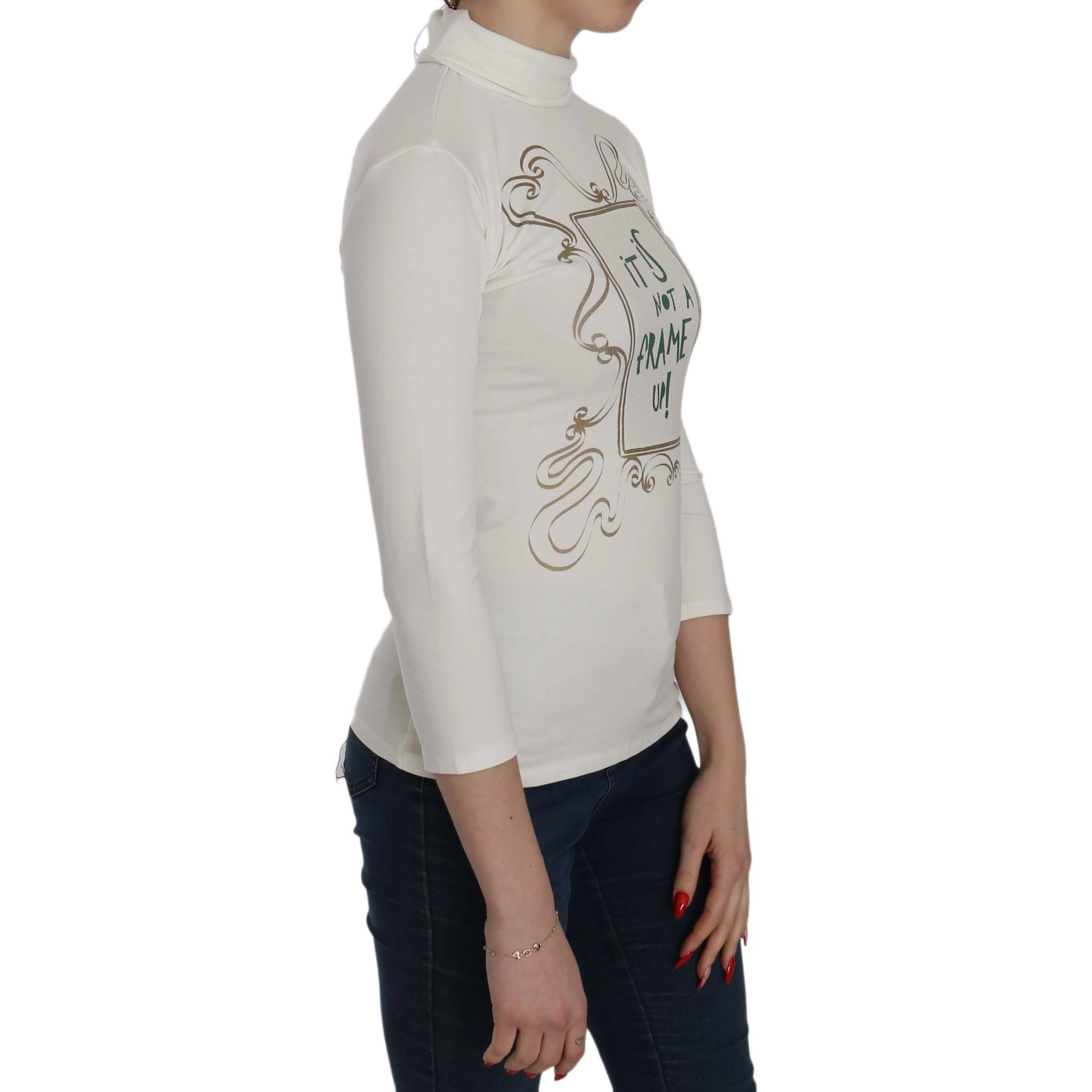 White Printed Turtle Neck 3/4 Sleeve Top Cotton Blouse