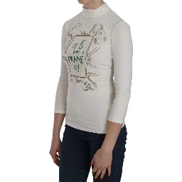 White Printed Turtle Neck 3/4 Sleeve Top Cotton Blouse