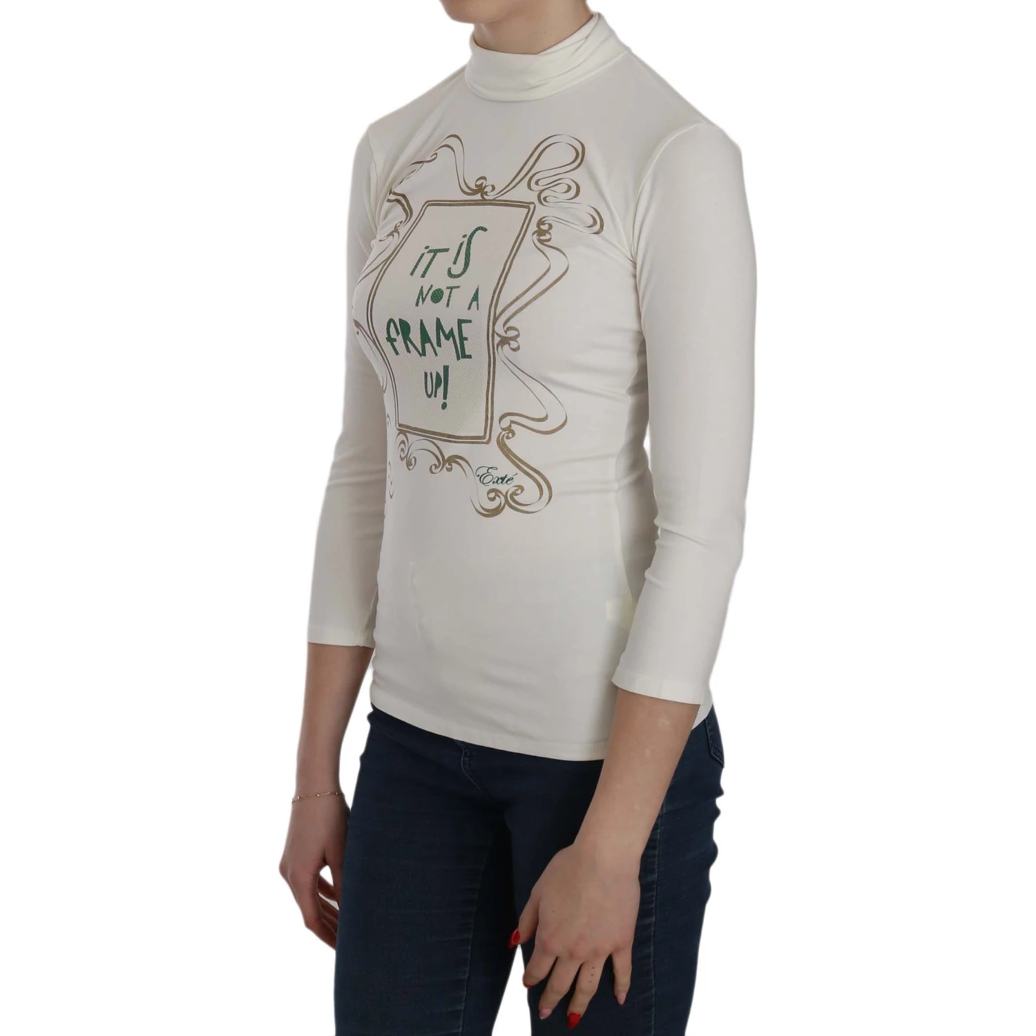 White Printed Turtle Neck 3/4 Sleeve Top Cotton Blouse