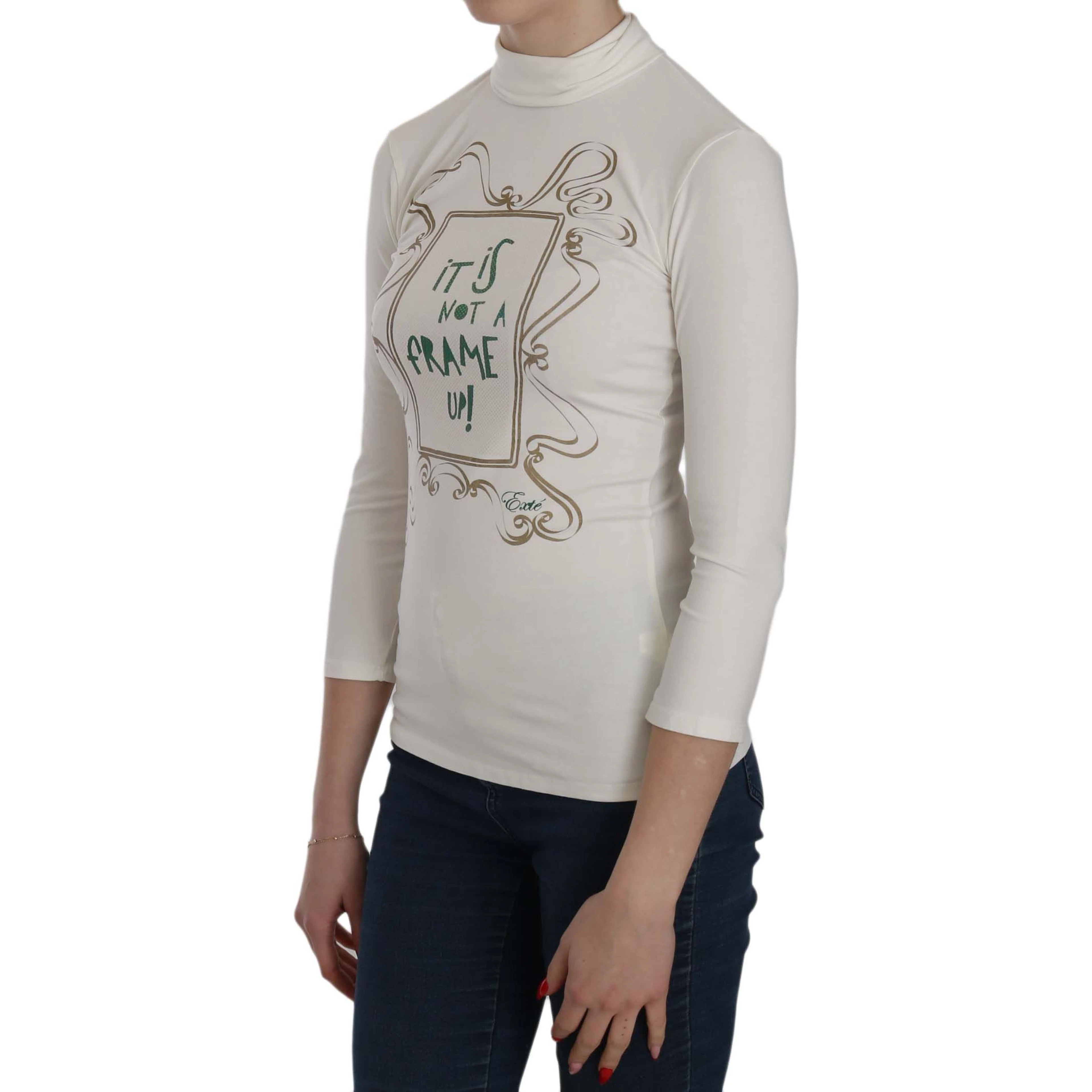 White Printed Turtle Neck 3/4 Sleeve Top Cotton Blouse