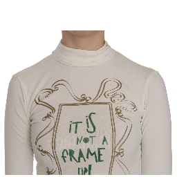 White Printed Turtle Neck 3/4 Sleeve Top Cotton Blouse