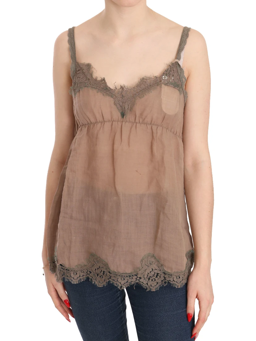 Brown Lace Spaghetti Strap Plunging Top Blouse