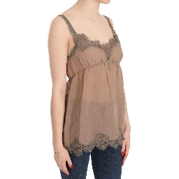 Brown Lace Spaghetti Strap Plunging Top Blouse