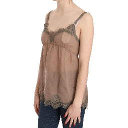 Brown Lace Spaghetti Strap Plunging Top Blouse