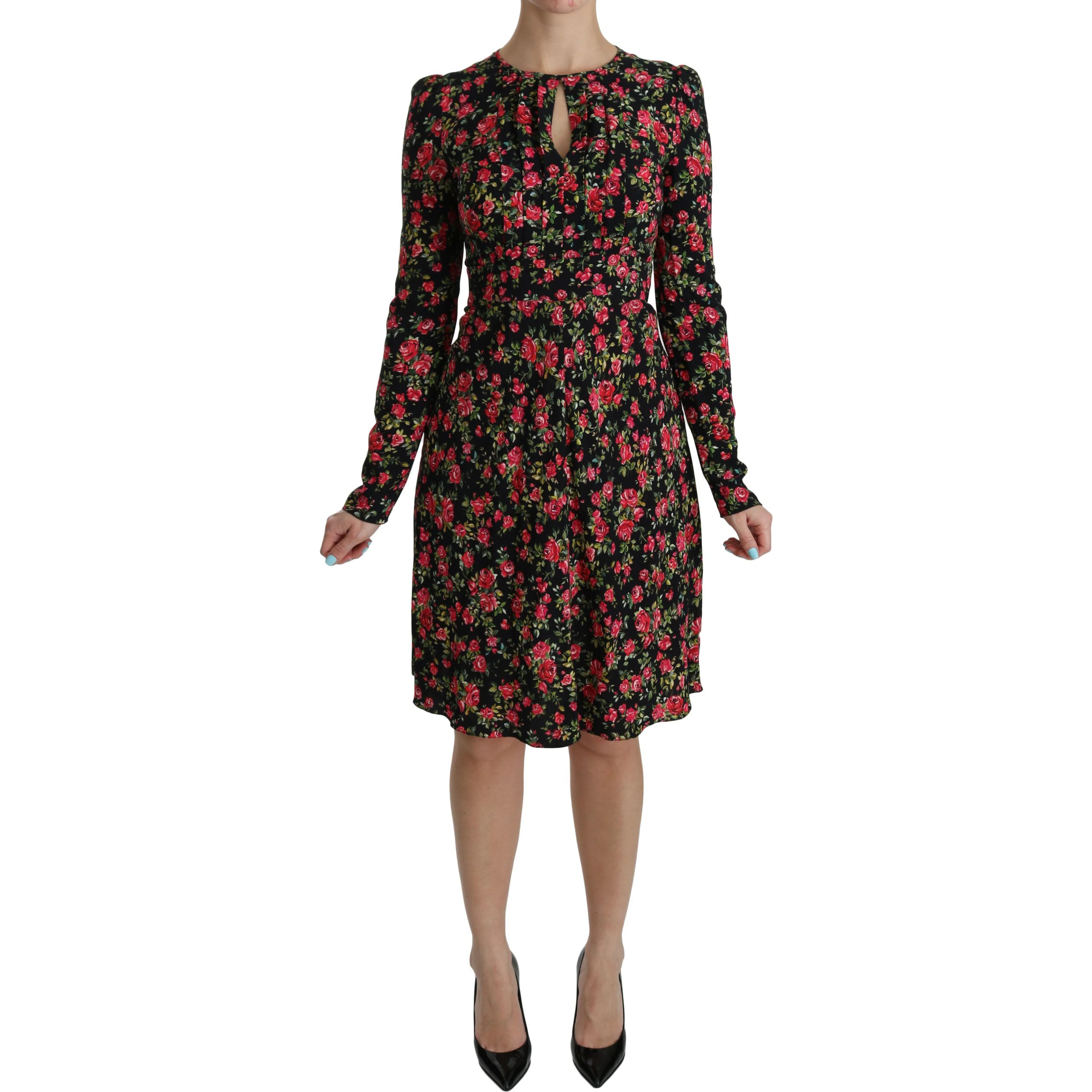 Black Floral Longsleeve Knee Length Dress