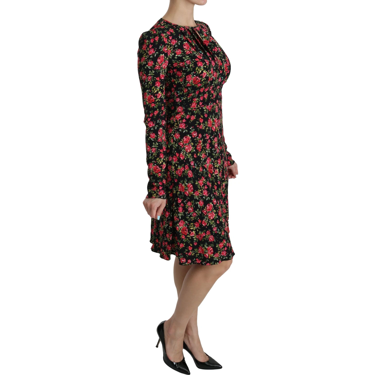 Black Floral Longsleeve Knee Length Dress