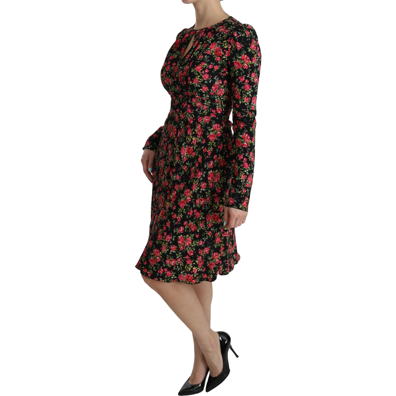 Black Floral Longsleeve Knee Length Dress