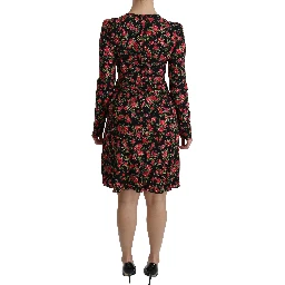 Black Floral Longsleeve Knee Length Dress