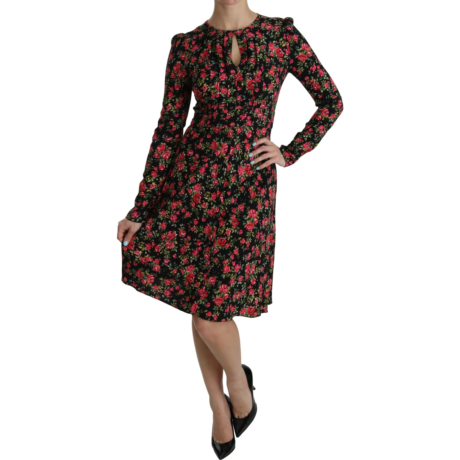 Black Floral Longsleeve Knee Length Dress