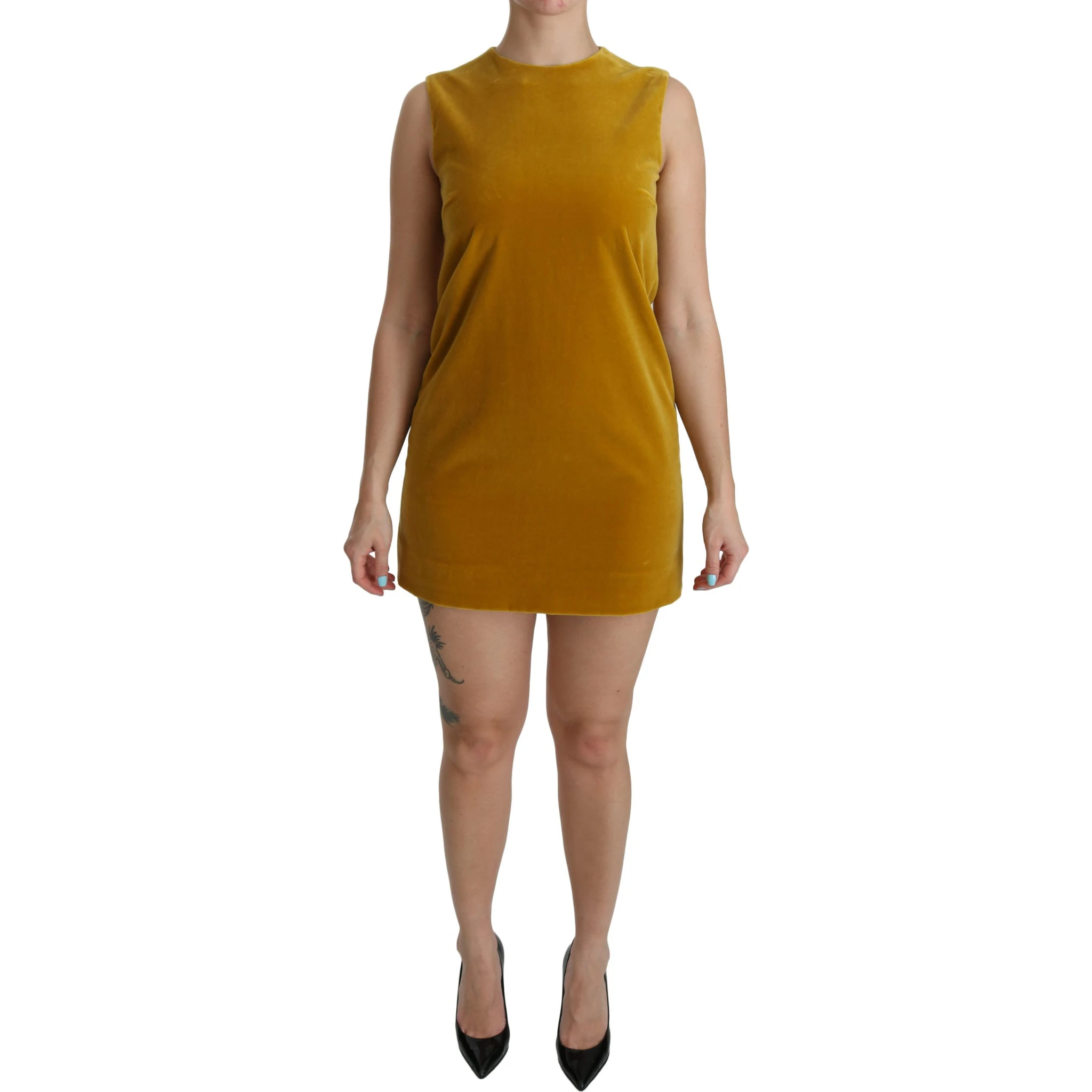 Mustard Velvet Stretch Shift Mini Dress