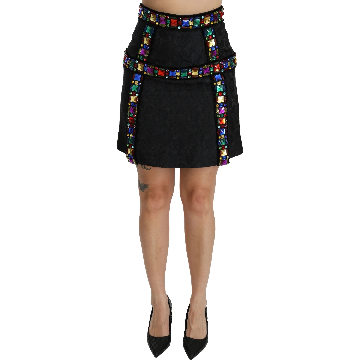Black Crystal Embellished High Waist Skirt