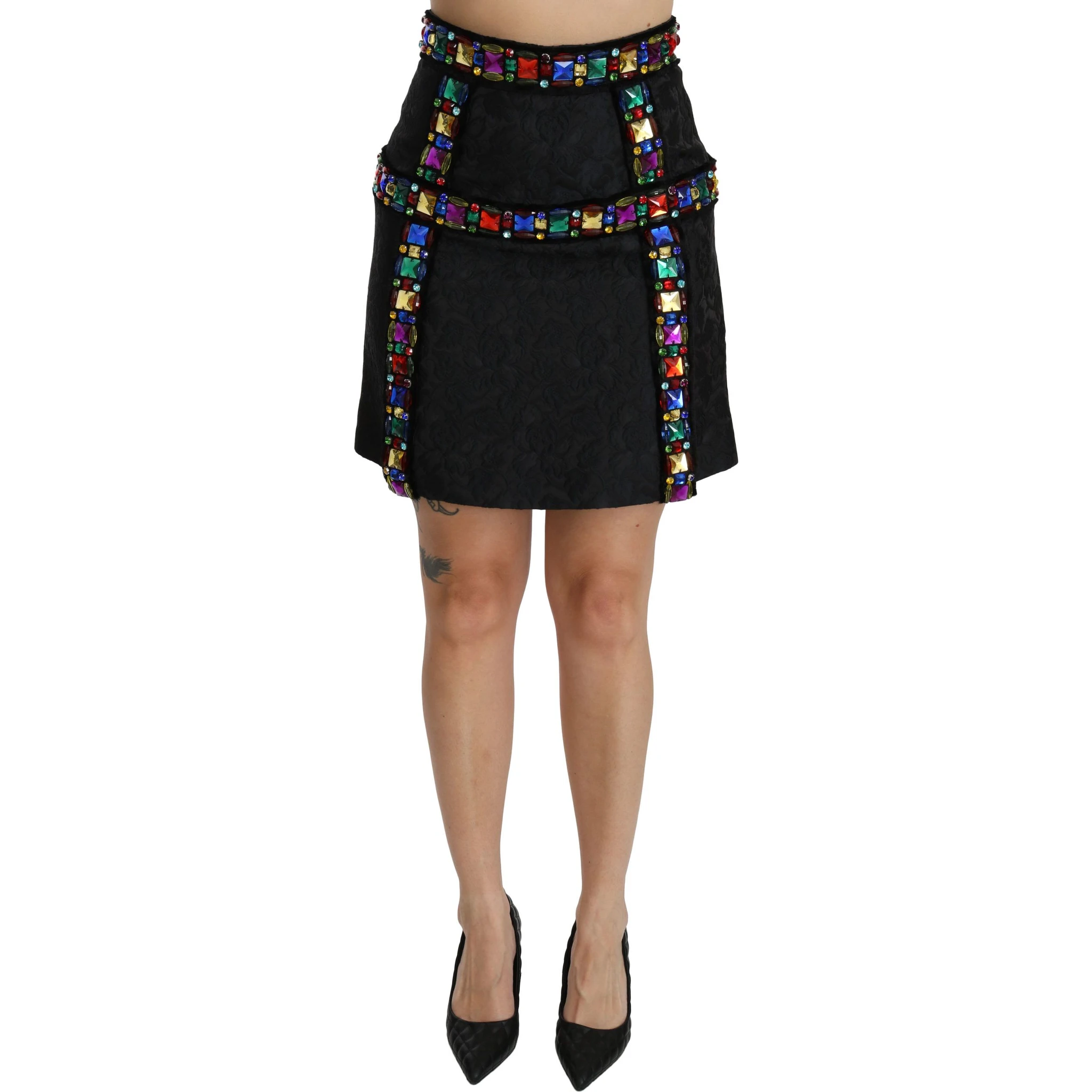 Black Crystal Embellished High Waist Skirt