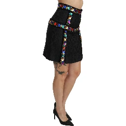 Black Crystal Embellished High Waist Skirt
