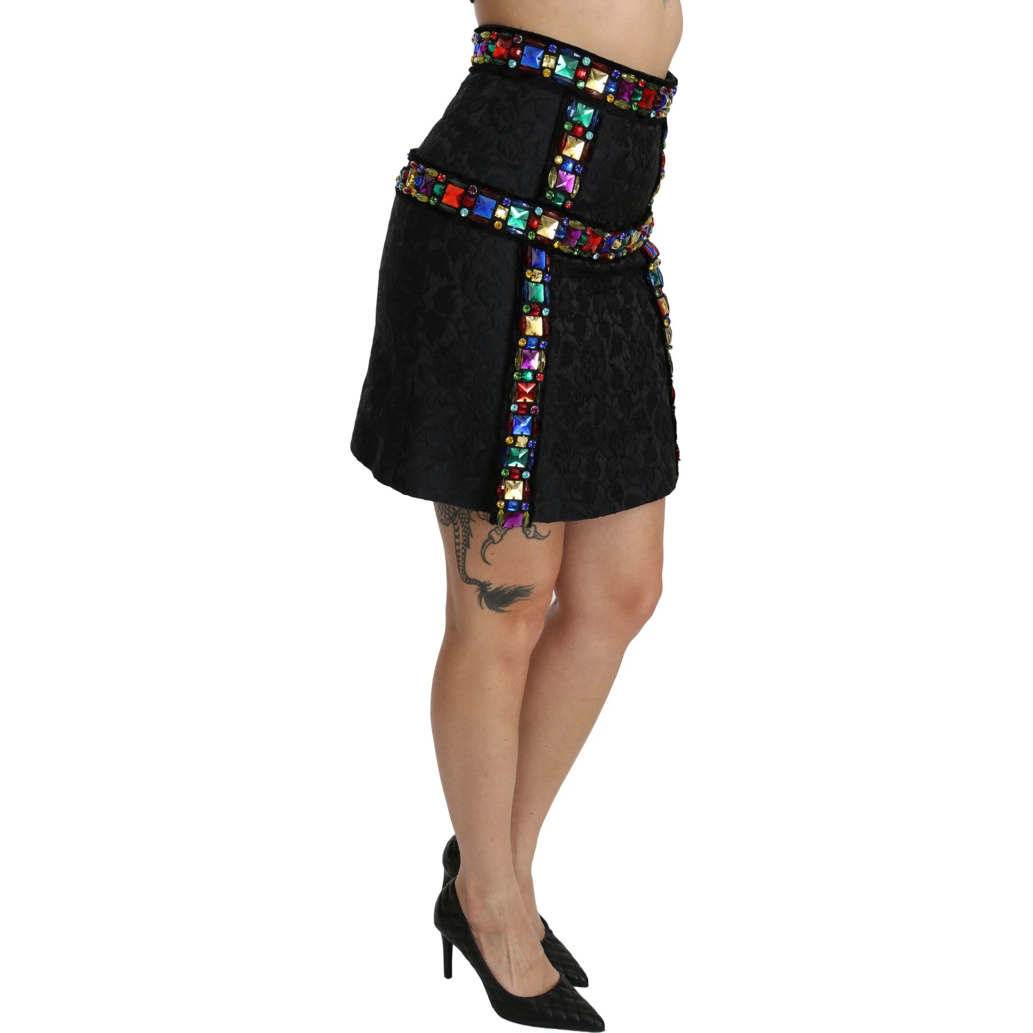Black Crystal Embellished High Waist Skirt