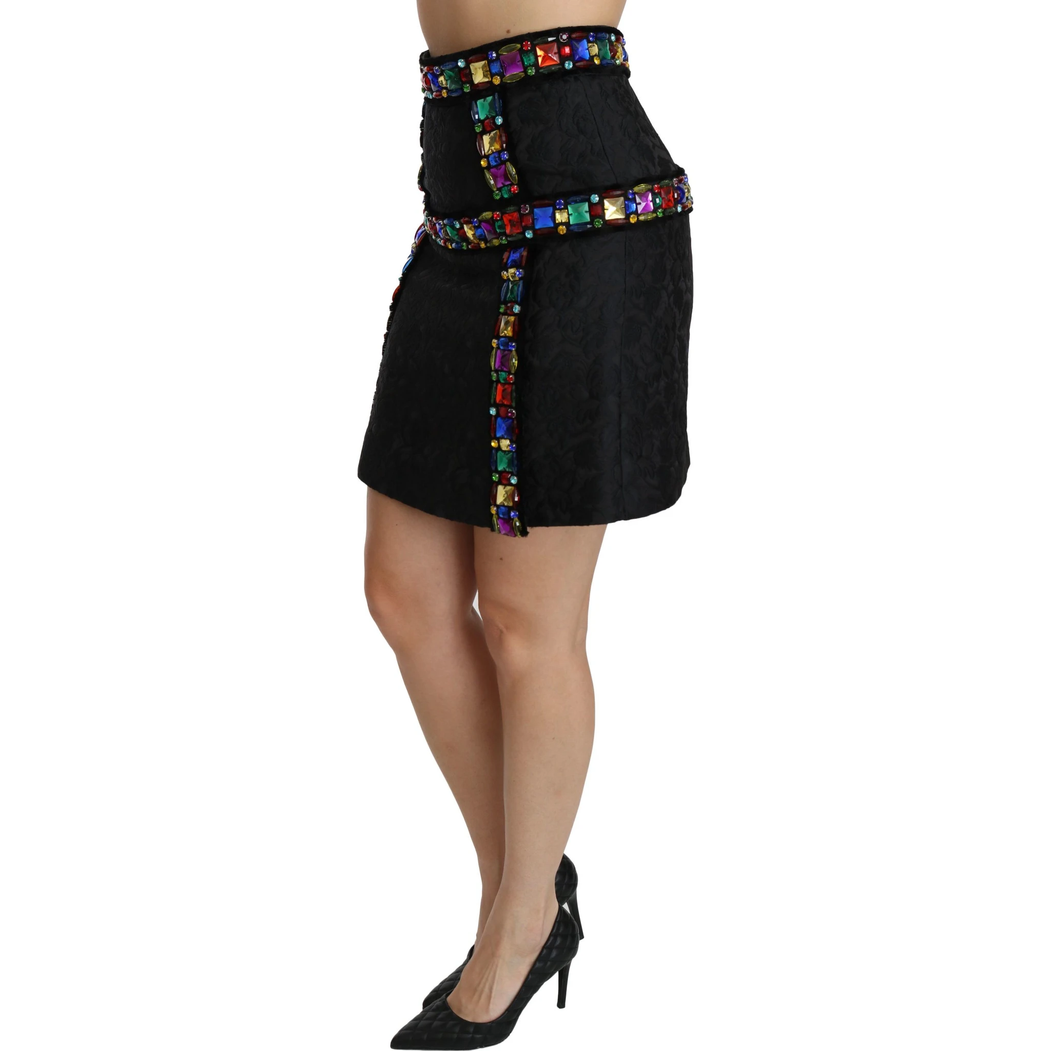 Black Crystal Embellished High Waist Skirt