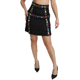 Black Crystal Embellished High Waist Skirt