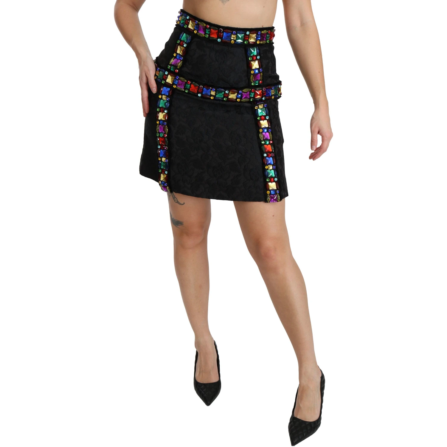 Black Crystal Embellished High Waist Skirt