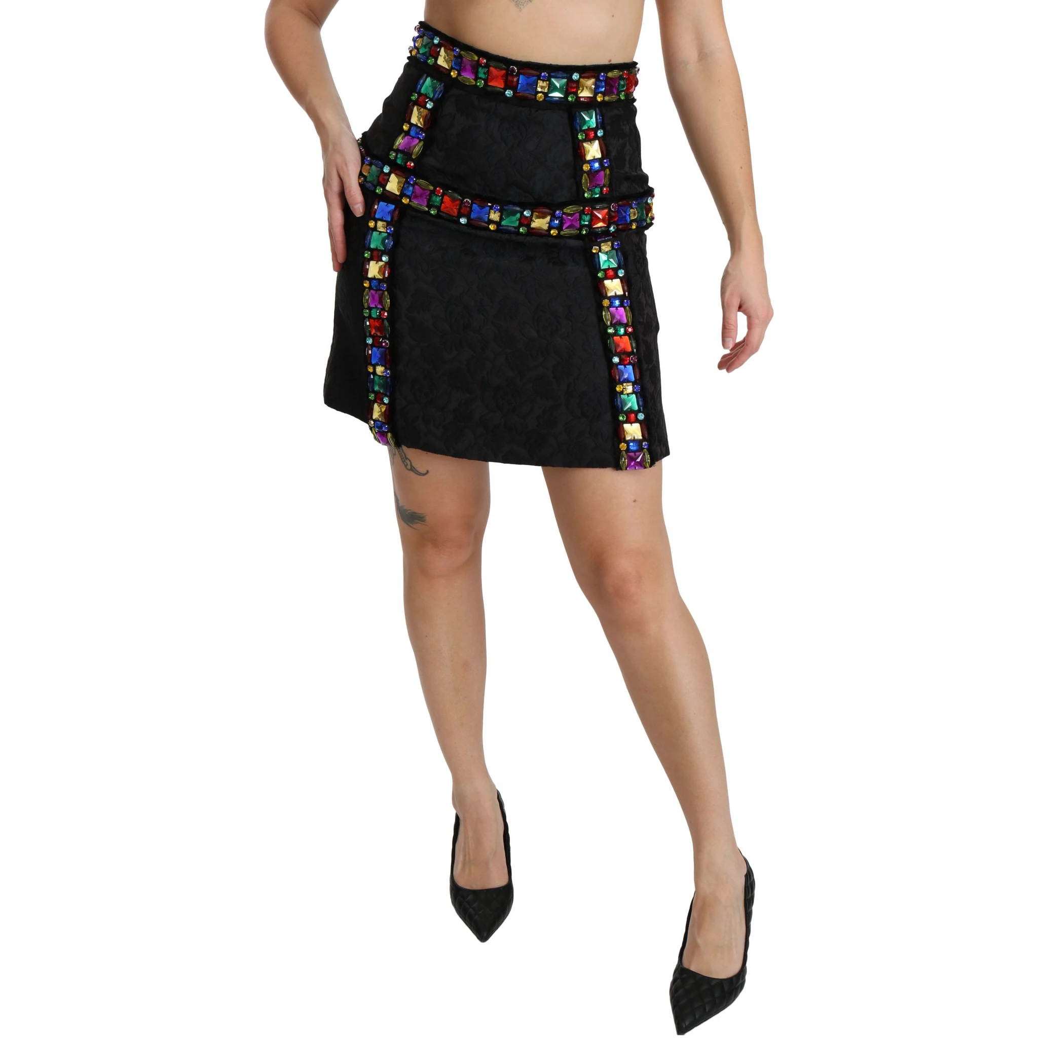 Black Crystal Embellished High Waist Skirt