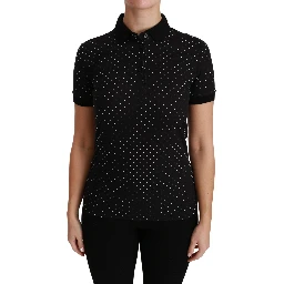 Black Dotted Collared Polo Shirt Cotton Top