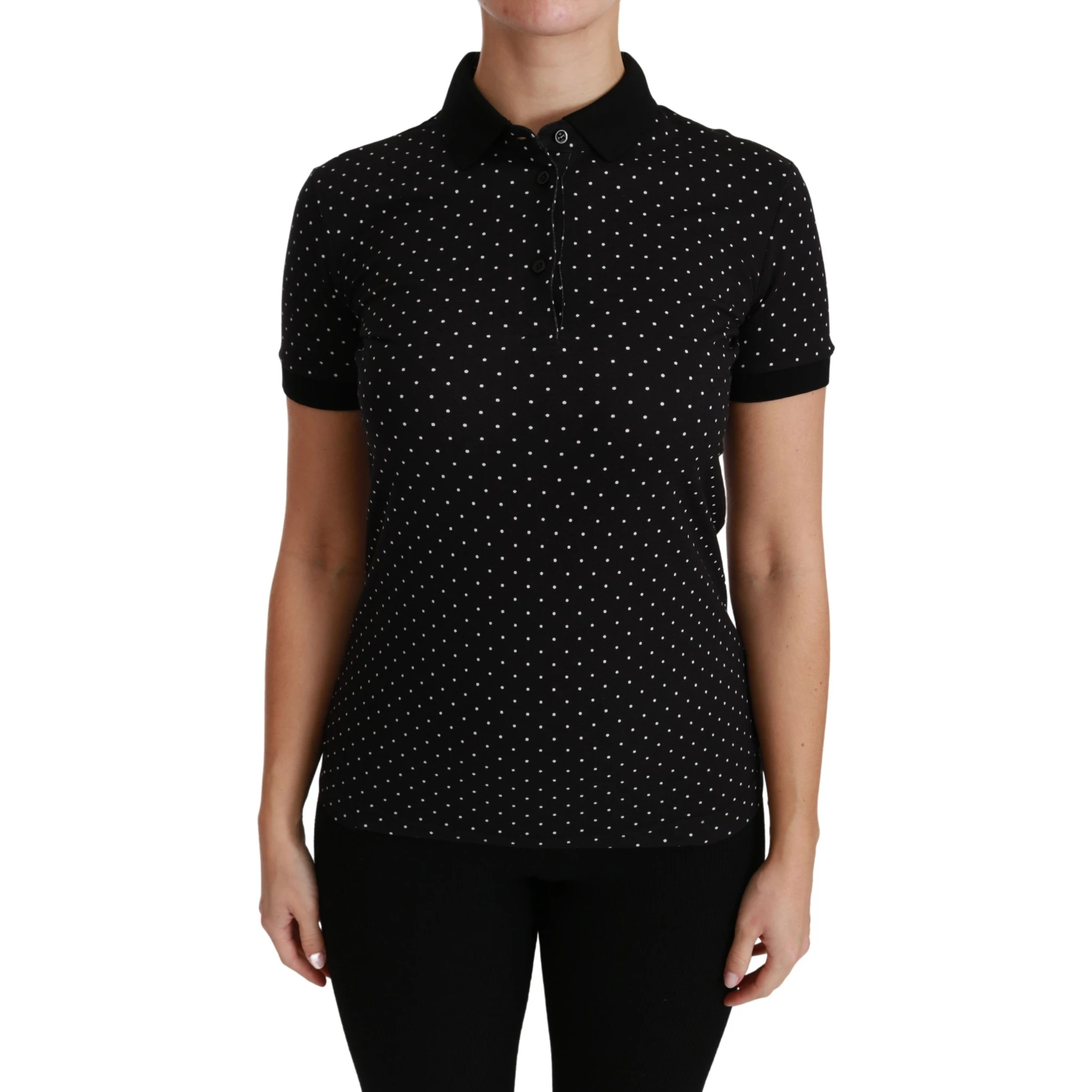 Black Dotted Collared Polo Shirt Cotton Top