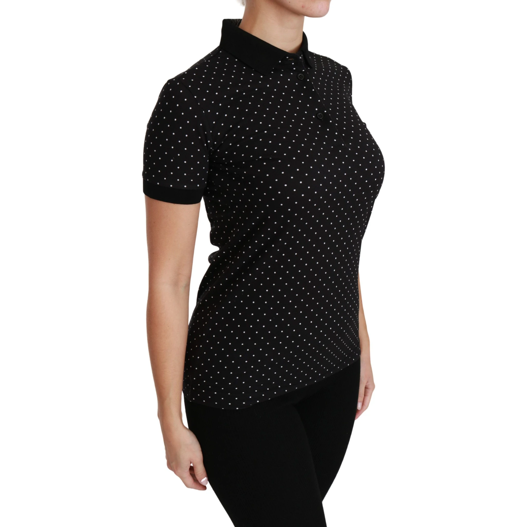 Black Dotted Collared Polo Shirt Cotton Top