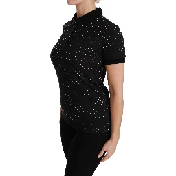 Black Dotted Collared Polo Shirt Cotton Top