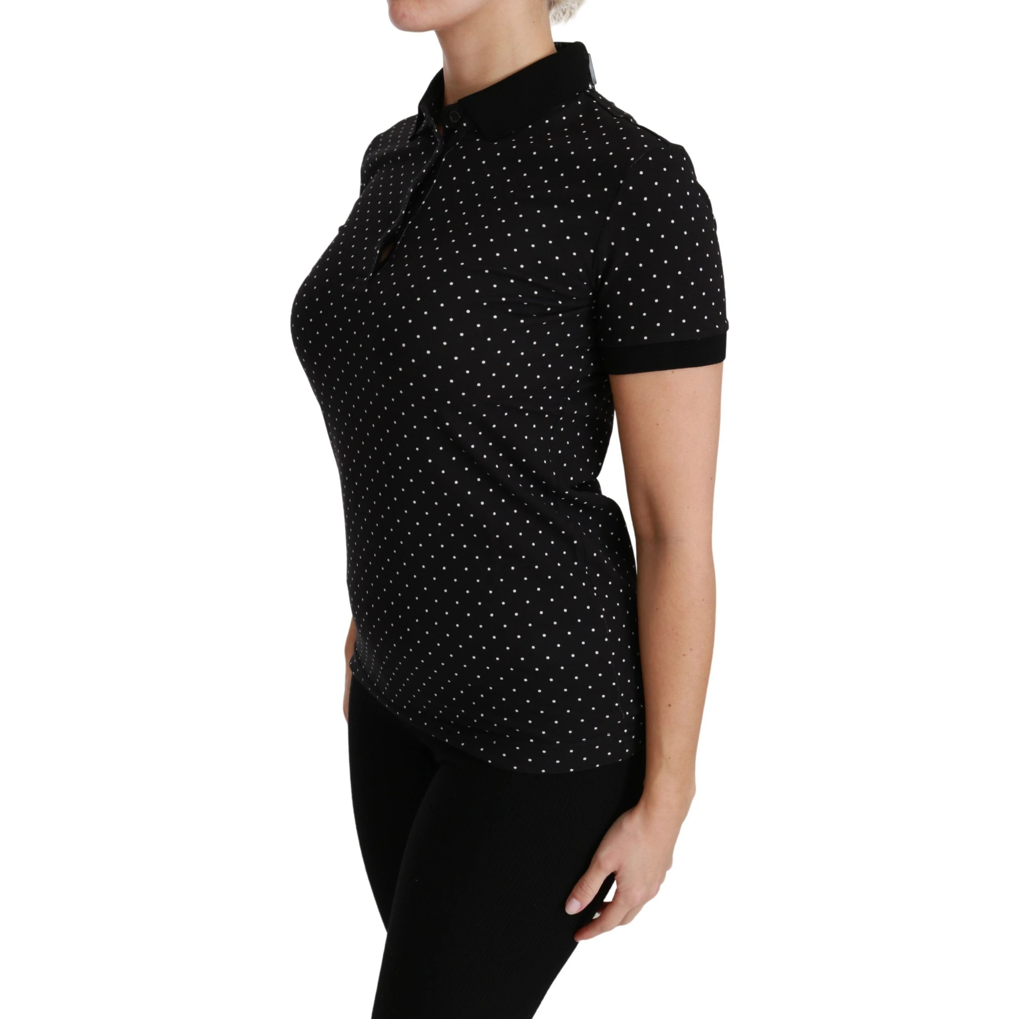 Black Dotted Collared Polo Shirt Cotton Top