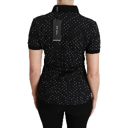Black Dotted Collared Polo Shirt Cotton Top