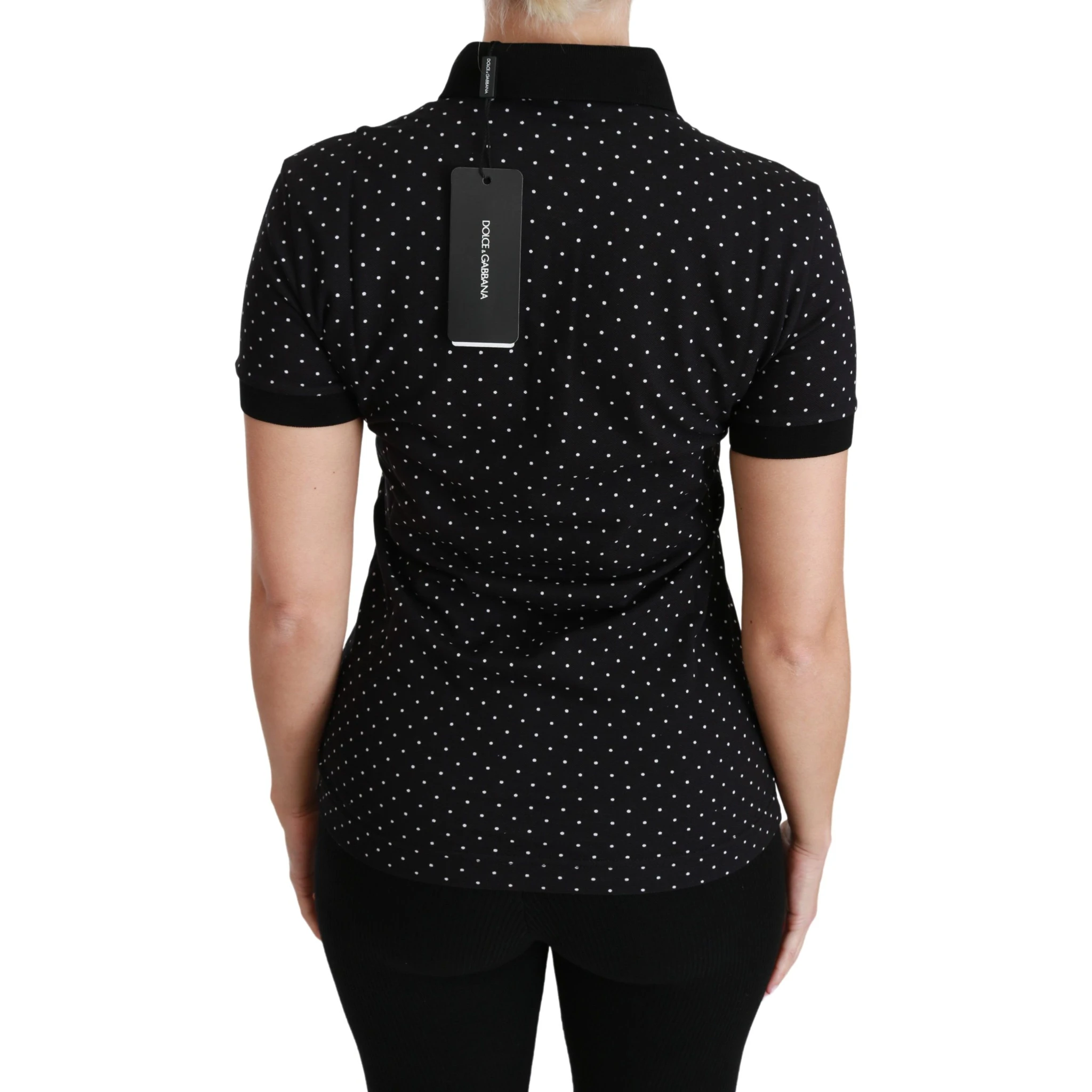Black Dotted Collared Polo Shirt Cotton Top