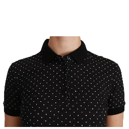 Black Dotted Collared Polo Shirt Cotton Top