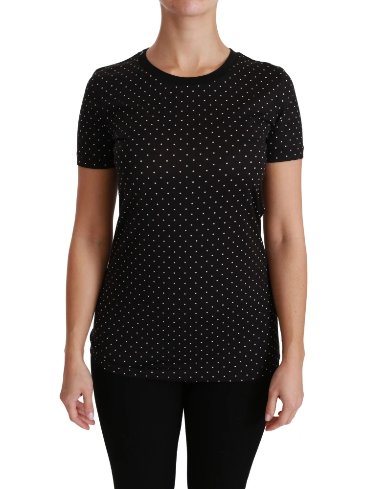 Black Dotted Crewneck Cotton Top T-shirt