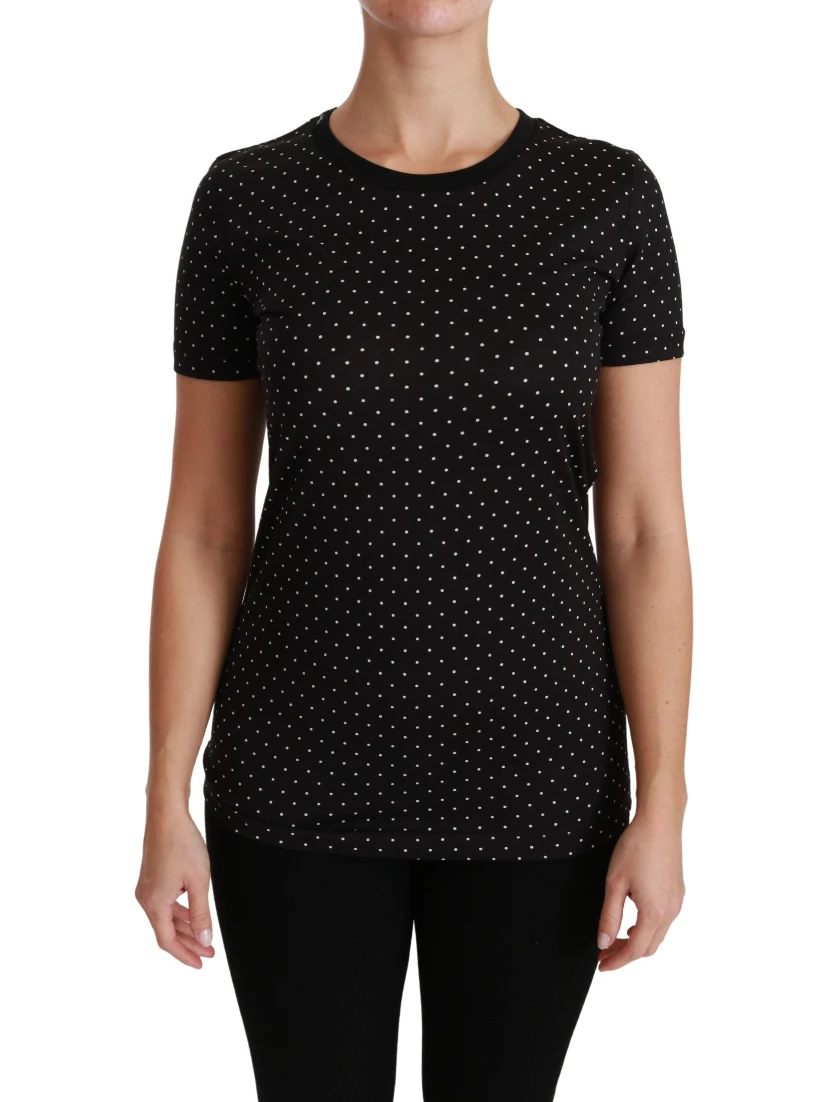 Black Dotted Crewneck Cotton Top T-shirt