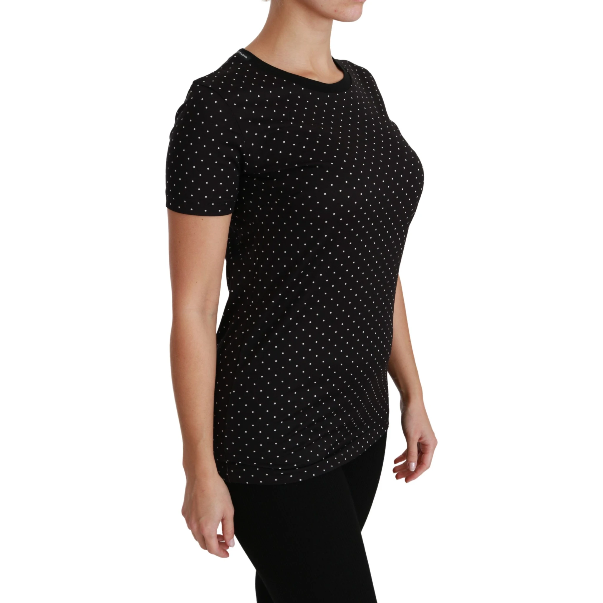 Black Dotted Crewneck Cotton Top T-shirt