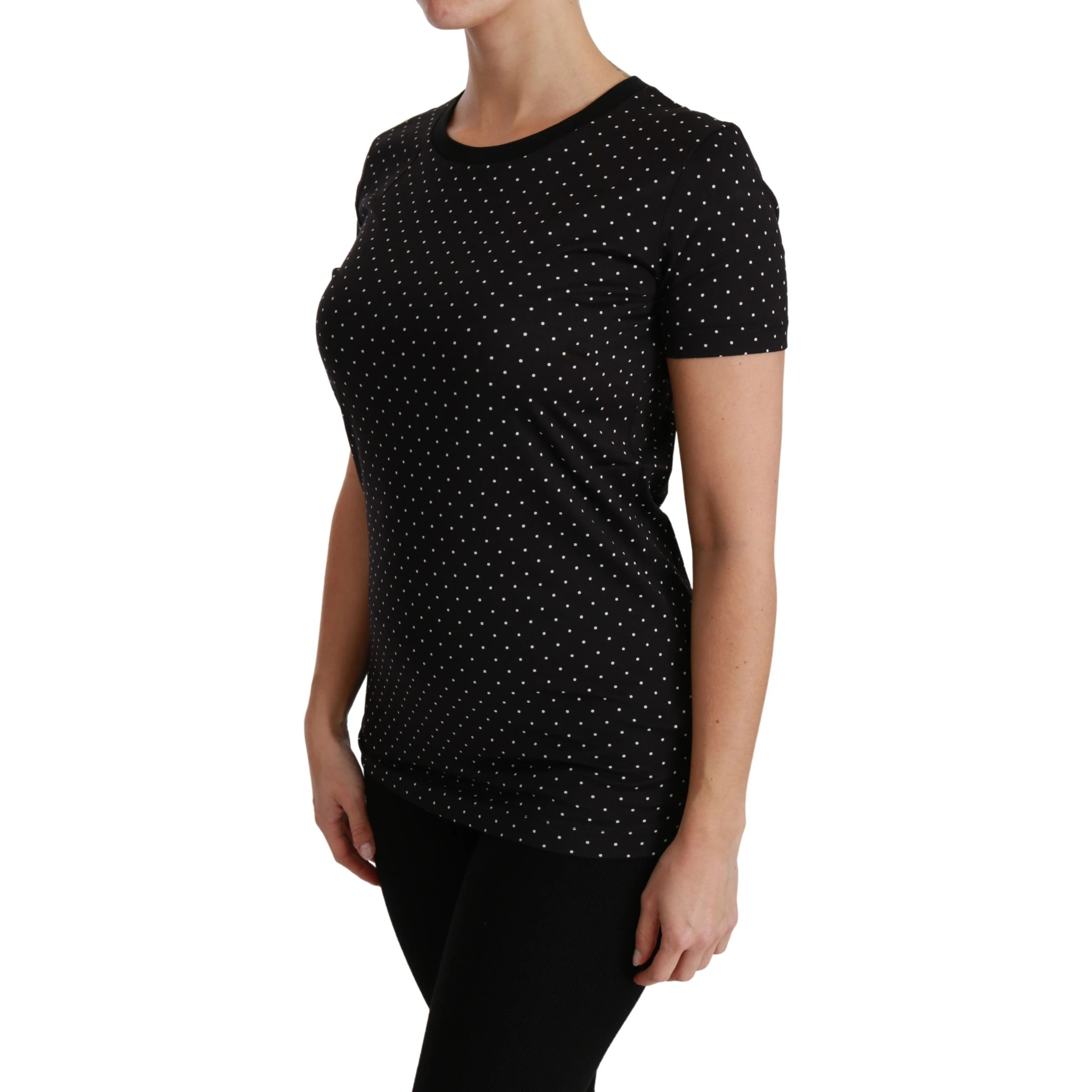 Black Dotted Crewneck Cotton Top T-shirt