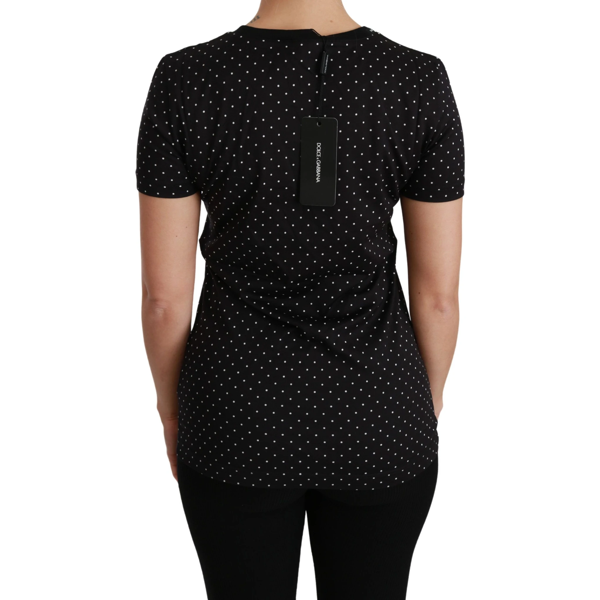 Black Dotted Crewneck Cotton Top T-shirt