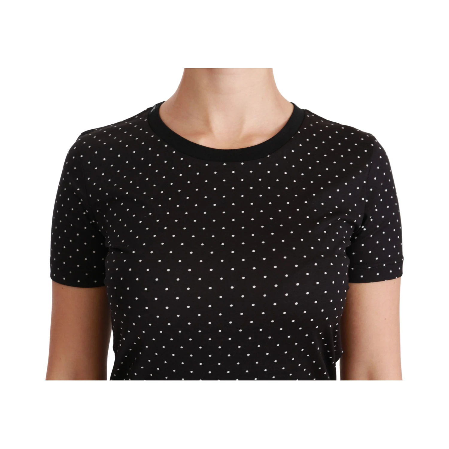 Black Dotted Crewneck Cotton Top T-shirt