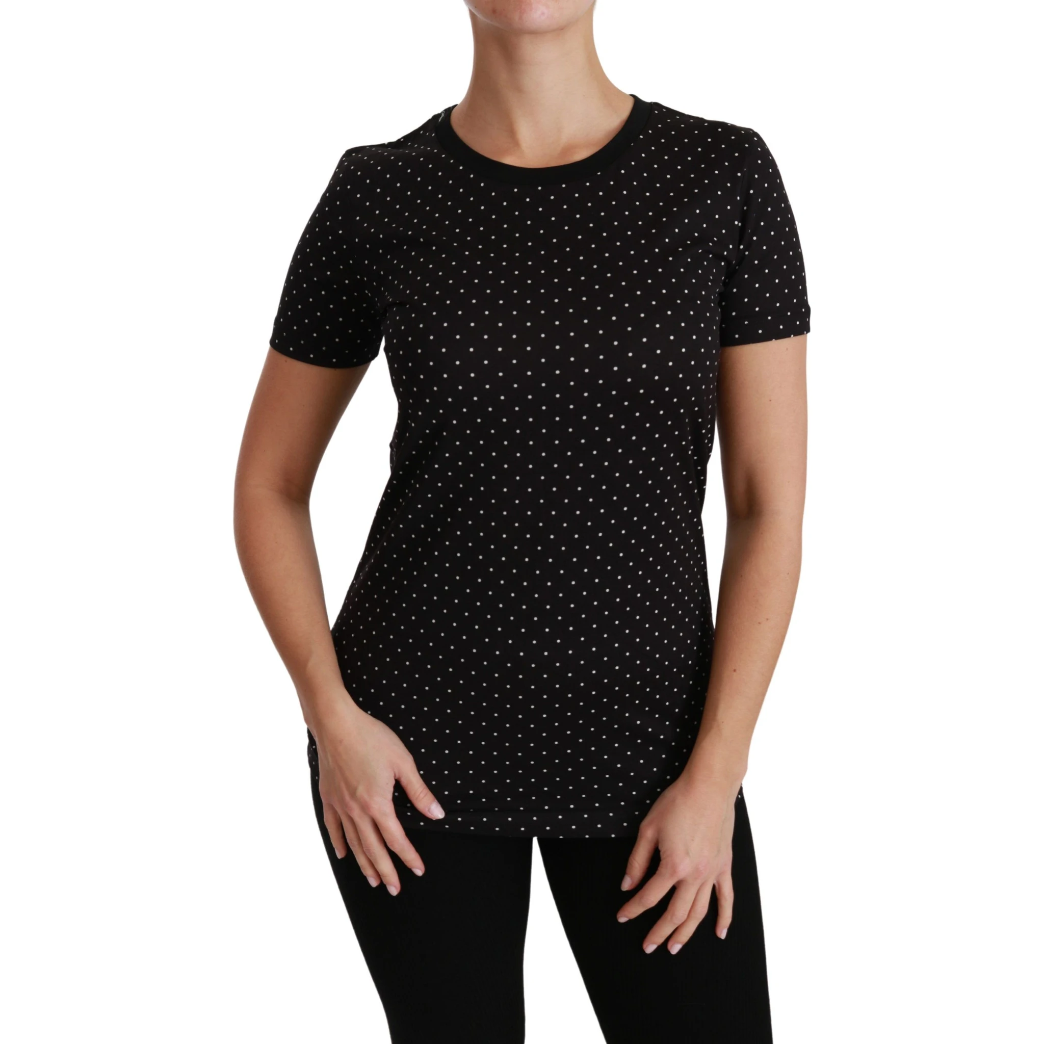 Black Dotted Crewneck Cotton Top T-shirt