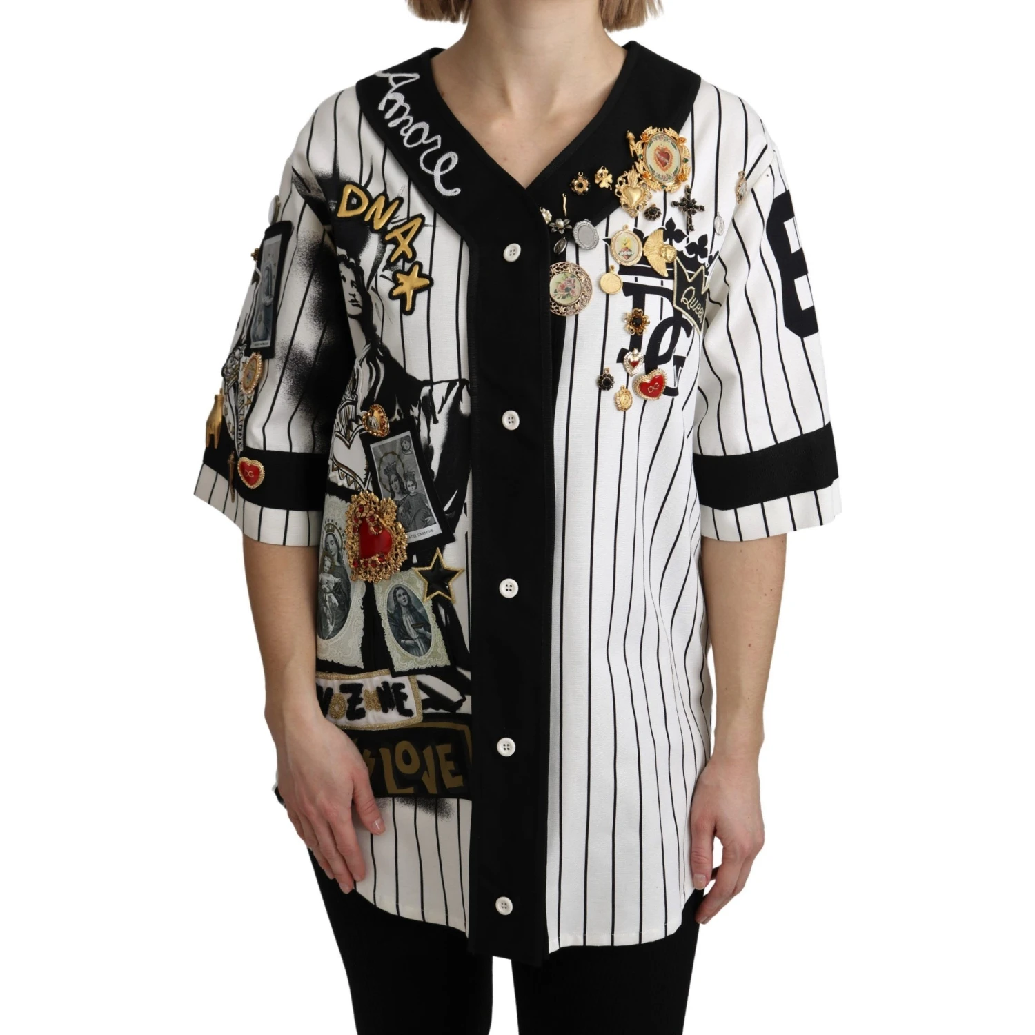 White and black Blouse Cotton Crystal Charms Amore Shirt