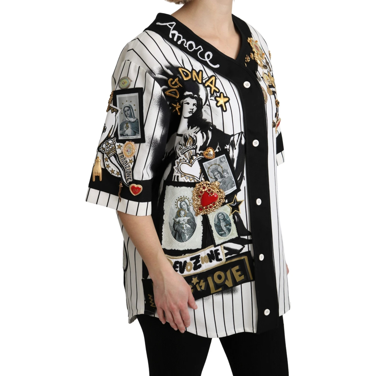 White and black Blouse Cotton Crystal Charms Amore Shirt