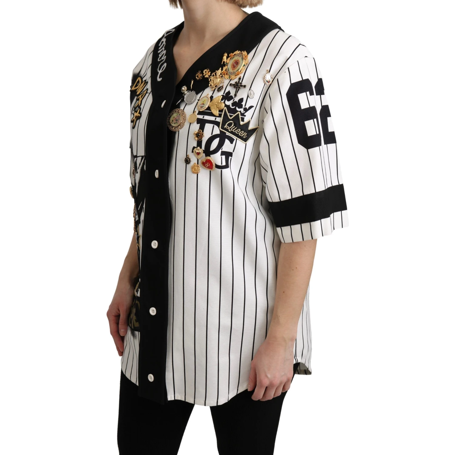 White and black Blouse Cotton Crystal Charms Amore Shirt