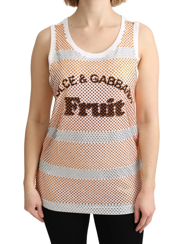 White Orange Crystal Sleeveless Tank Cotton Top