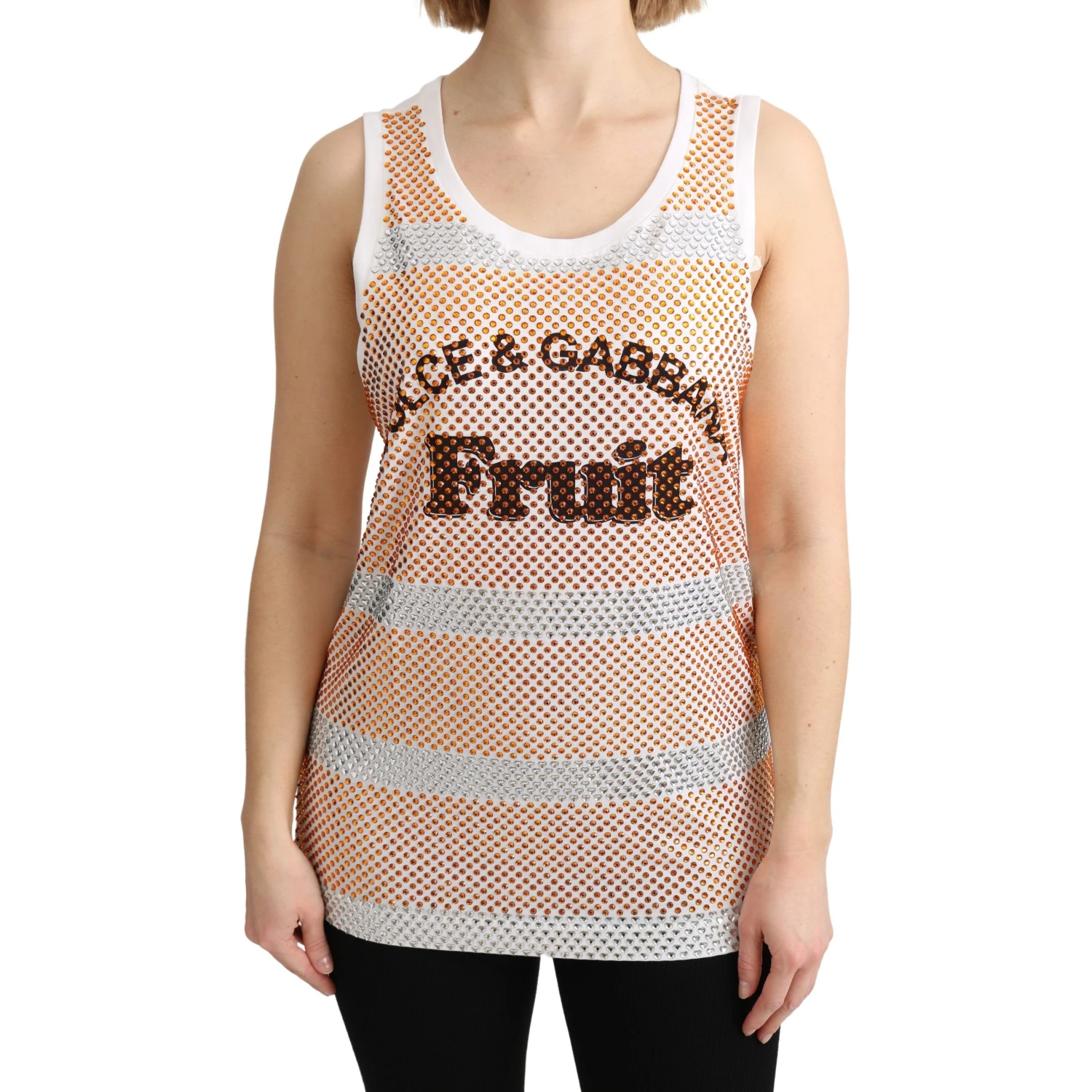 White Orange Crystal Sleeveless Tank Cotton Top